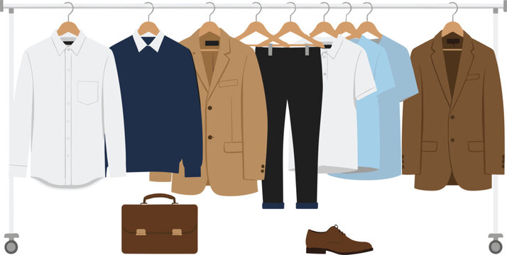 Men wardrobe clothing vector set with business casual outfits, shirts, jackets, pants and accessories