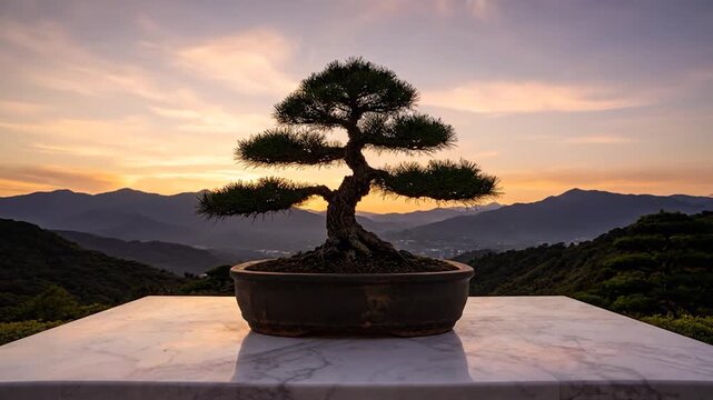 Miniature pine tree artfully shaped, poised against a mountain vista at sunrise