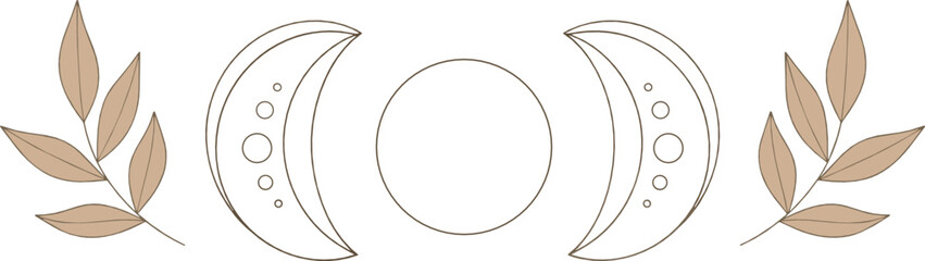 Minimal triple moon symbol vector with botanical leaves, sacred feminine lunar phases, modern boho witchcraft and spiritual line art design © Sanjida
