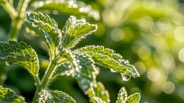 Lemon Verbena Leaves with Dew Drops in Sunlight, Showcasing Fragrant Citrus Aroma