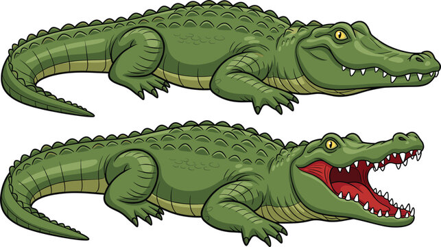 Cartoon crocodile character vector set with realistic reptile details and open mouth expression