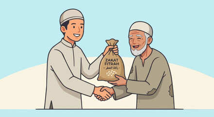 Flat vector illustration of muslim man giving rice sack for Zakat Fitrah to elderly person.
