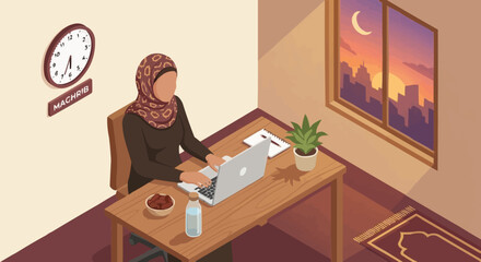 Isometric muslim woman working from home with laptop and dates fruit on desk during Ramadan.