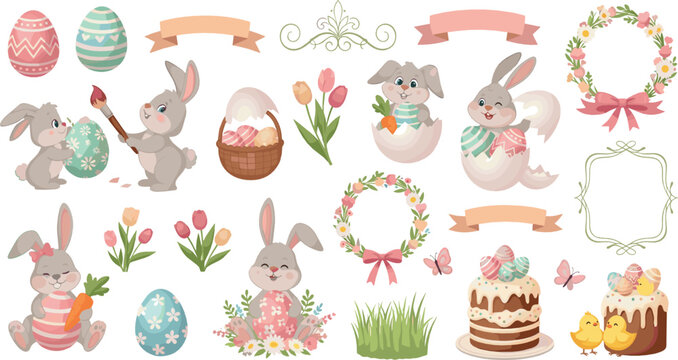 Cute Easter bunny vector set with pastel eggs, spring flowers, wreaths, cakes, baskets, chicks, ribbons, and adorable rabbits