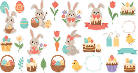Cute Easter bunny vector set with pastel eggs, cakes, flowers, chicks, gift tags, and adorable rabbits for spring holiday designs