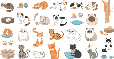 Cute cartoon cat vector set with playful kittens, sleeping poses, pet toys, scratching posts, paws, and adorable feline characters © Sanjida