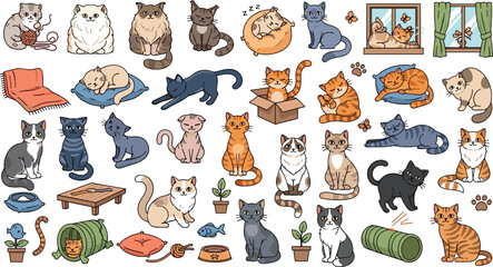 Obraz na płótnie Canvas Cute cartoon cat vector set featuring playful kittens, sleeping cats, funny poses, pet accessories, cozy home scenes, and adorable feline characters