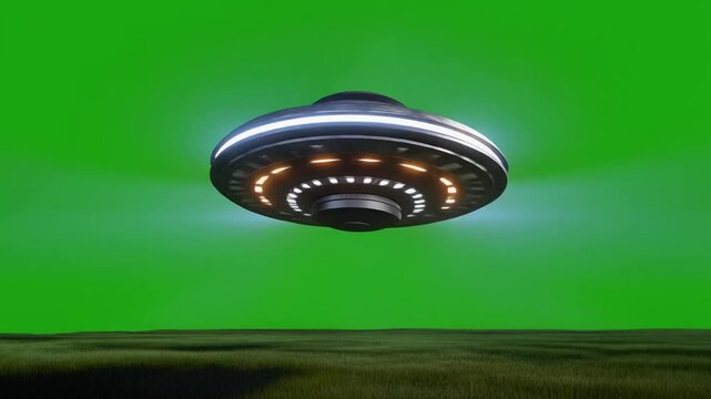 Futuristic UFO Hovering Over Grass Field with Green Screen Background