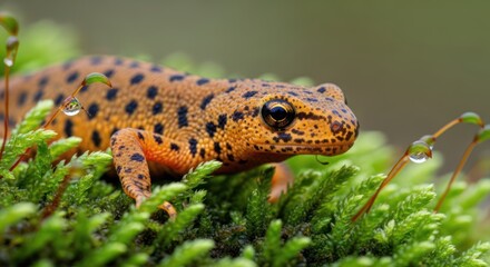 Fototapeta premium A close-up of a spotted salamander on a mossy surface with water droplets, highlighting the creature's detailed texture and vibrant colors.