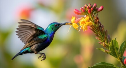 Fototapeta premium A vibrant hummingbird perched on a flower, feeding on nectar. The background is a soft-focus mix of green and red hues, suggesting a natural, outdoor setting.