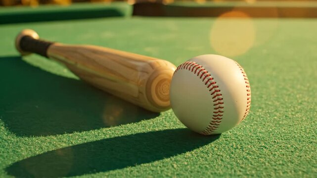 Baseball bat and ball on green felt - A baseball bat rests beside a baseball on a vibrant green felt surface. This video evokes a sense of sport competition and outdoor summer games.