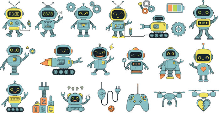 Cute cartoon robot character vector set with futuristic AI machines, drones, batteries, and playful technology icons for kids education