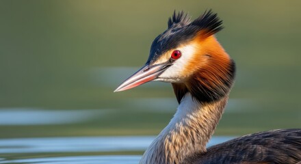 Fototapeta premium A Great Crested Grebe bird with a striking plumage of black, white, and orange, floating on a body of water with a blurred green background.