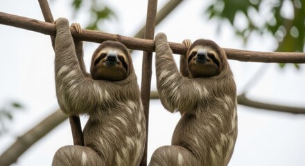 Fototapeta premium Two sloths hanging from a branch, facing forward, with a blurred green background suggesting a natural habitat.