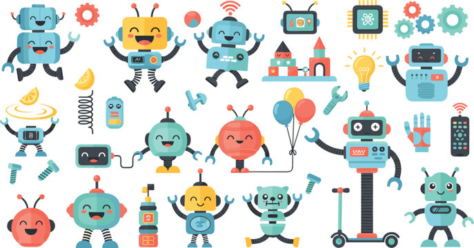 Cute colorful robot character vector set with friendly AI machines, gears, tools, lightbulbs, and playful cartoon technology illustrations for kids