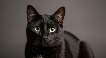 A black cat with striking green eyes sits against a neutral background, exuding a sense of calm and curiosity.