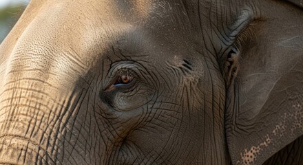 Fototapeta premium Close-up of an elephant's eye with detailed wrinkles and textures, set against a blurred natural background.