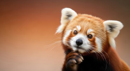 A close-up portrait of a red panda with a thoughtful expression, set against a warm, blurred background.