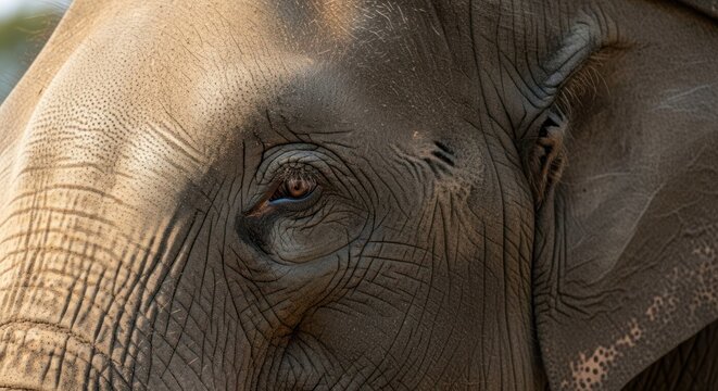 Close-up of an elephant's eye with detailed wrinkles and textures, set against a blurred natural background.