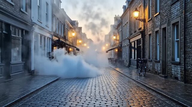 Foggy scene of a cobblestone street with buildings on either side and streetlights on, conveying a moody atmosphere in an urban setting.