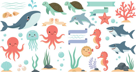 Cute ocean animal vector set with whale, sharks, turtles, octopus, jellyfish, seahorses, coral, and colorful underwater cartoon sea life