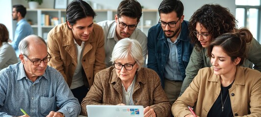 Diverse Multi-Generational Team Learning & Collaborating in Modern Vibrant Workshop, Inclusive Education, Corporate Training