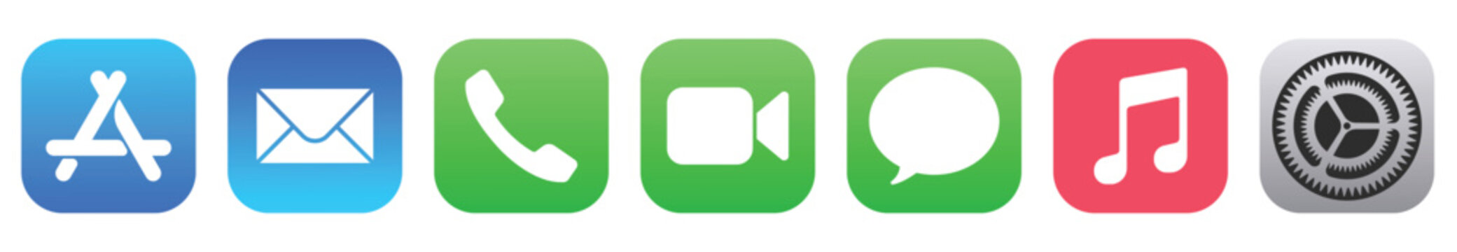 Apple app icons. Phone, iMessage, FaceTime, Music, App Store, Mail and setting. icon isolated on transparent background. EPS 10	