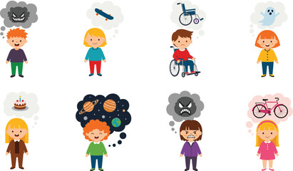 Naklejka premium Children emotions and thoughts cartoon vector set with kids expressing feelings and imagination ideas
