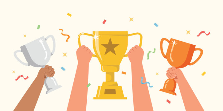 The Winner prize goblet banner, Hand holding gold trophy cup and medals vector illustration.