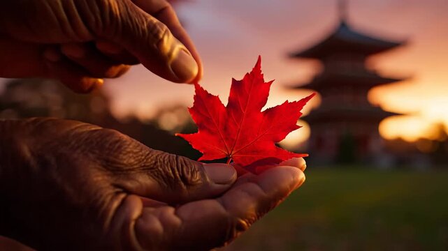 Elderly hand holding a vibrant red maple leaf at sunset with a pagoda in the background