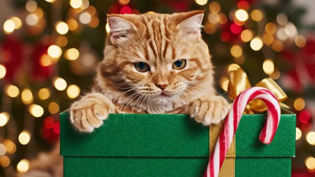 Christmas Cat in a Green Gift Box - A cute ginger cat peeks out from a green gift box with a candy cane, set against a backdrop of blurred Christmas lights.