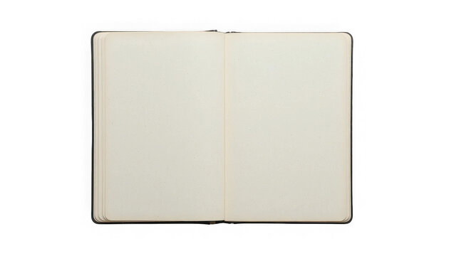 Blank open diary with creamy aged paper showing two empty pages ready for writing journaling or sketching ideas on transparent background