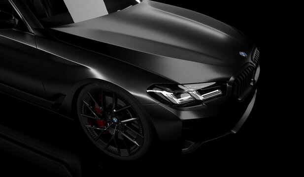 Kazakhstan, Almaty - January 25, 2026: All-new BMW 5 Series G30 540 xdrive on dark background. 3d render	
