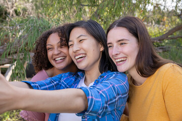 Naklejka premium Diverse female friends taking selfie with smartphone while standing among sunlit trees at park