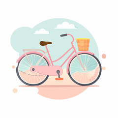 Fototapeta premium A delightful minimalist flat design illustration of a charming pastel pink bicycle featuring a front basket, symbolizing leisure, summer fun, and eco-friendly urban exploration