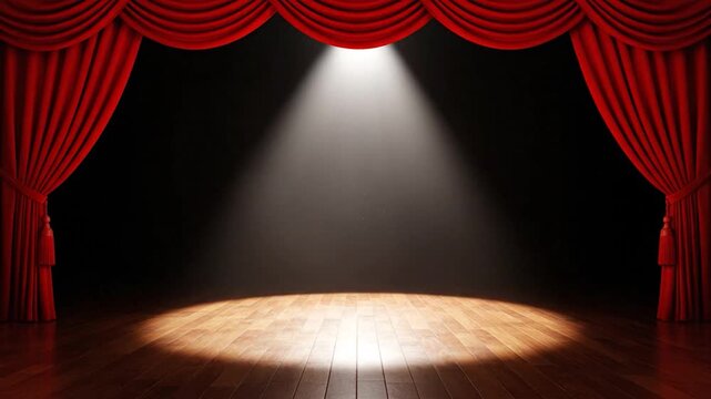 Empty stage with red velvet curtains, wooden floor, and dramatic spotlight
