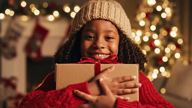 Smiling Child with Christmas Gift Portrait - A curly-haired smiling girl wearing a beige hat and red turtleneck sweater is holding a cardboard gift box tied with a red ribbon.