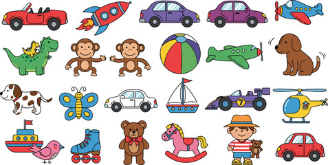Fototapeta premium Cute toy and vehicle collection vector with cars, planes, animals, dolls, boats, and colorful cartoon playtime icons for kids