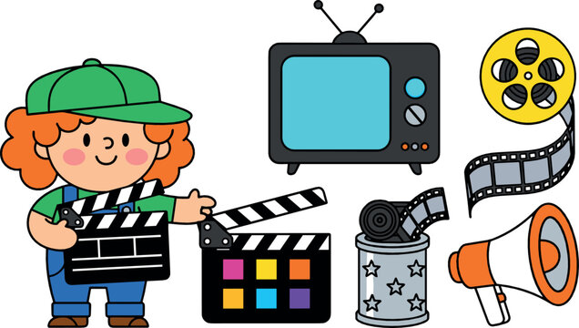 Cute movie and filmmaking vector set with kid director, clapperboard, film reel, camera, TV, and cinema production cartoon illustration