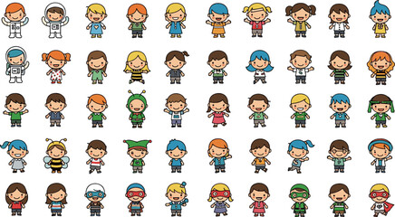 Cute kids character mega set vector with boys and girls in many outfits, hairstyles, and poses, colorful cartoon children collection © Sanjida