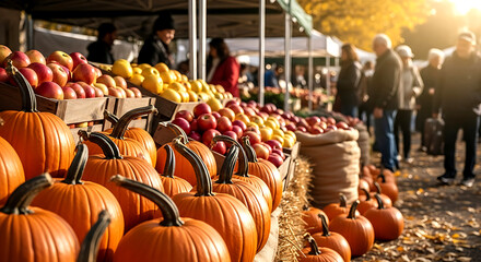 Fototapeta premium A vibrant autumn harvest market scene with pumpkins and fresh produce on display