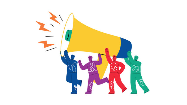 A group of colorful people holding a large megaphone together loudly