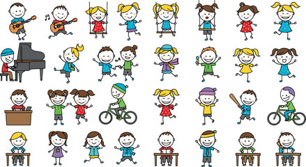 Fototapeta premium Cute school kids activity vector set with boys and girls playing music, sports, studying, biking, and classroom learning cartoon illustration