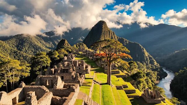 Ancient Inca terraces and stone ruins crown a lush valley beneath dramatic Andean peaks,  timeless.
