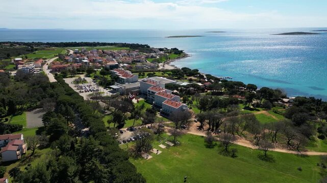 Aerial drone view of beautiful Medulin city in Istria, Croatia. Amazing sea side photo of tourist attraction Medulin near Pula, Croatia