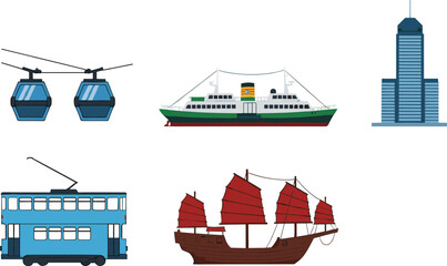 Transportation and travel vector set with cable car, ship, tram, skyscraper and sailing vessel © EdGe Creative
