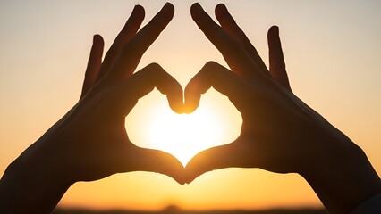 hands forming heart shape at sunset, love concept
