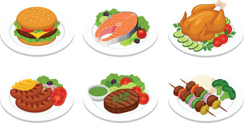 Assorted main course food dishes vector set with meat, fish, burger and grilled meals
