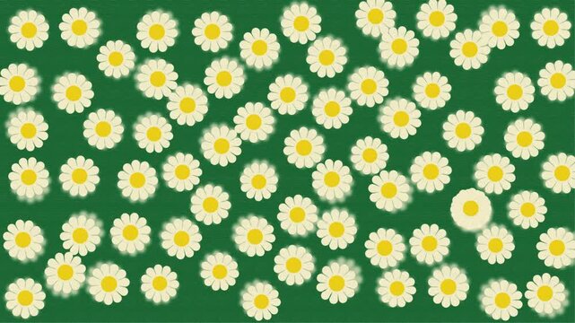 4K video collection pattern of floral yellow daisy Chamomile flower popped looping and rotate motion graphic on green background, seamless background with flowers, repeated geometric motif video
