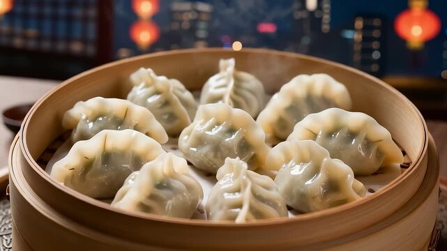 Steaming hot dumplings in bamboo steamer with red lanterns